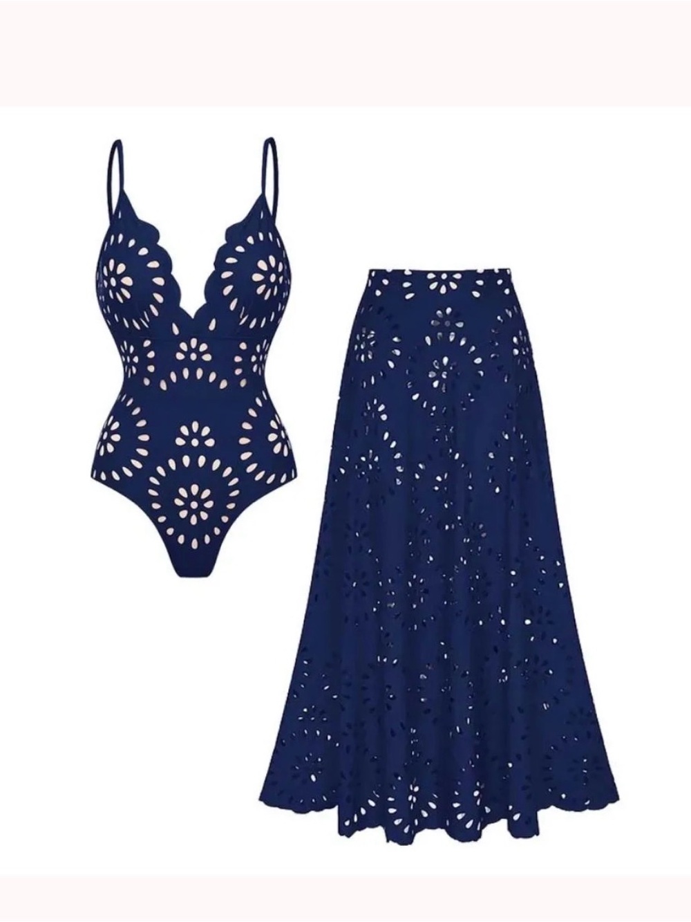 Navy Blue Laser-Cut Maxi Swim Dress with Spaghetti Straps - Picture 7 of 15